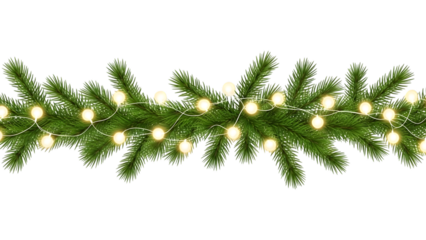 Christmas tree branches with yellow lights on a string isolated on a transparent background
