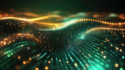Interconnected illuminated particles forming a mesh network, creating a vibrant abstract background representing data flow, technology, and futuristic digital concepts