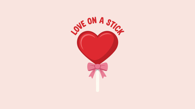 A vibrant red heart shaped lollipop with pink bow on stick against soft pink background with love on a stick text
