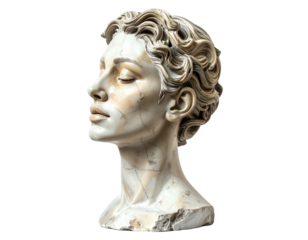 Classical marble bust sculpture with flowing curly hair, serene expression, weathered patina, elegant profile view on transparent background