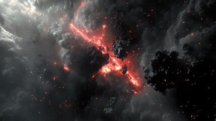 Obraz premium Cosmic dust cloud forming with glowing red lava like streams and dark asteroid fragments, illustrating creation, destruction, and explosive universal events