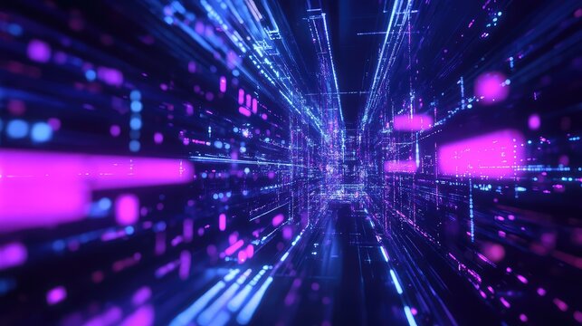 Abstract visualizing big data moving rapidly through a futuristic cyber grid, representing internet communication, networking, and information processing in a computing environment - Powered by Adobe