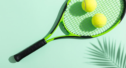 Closeup of neon green tennis racket and balls against a mint colored background with palm leaf shadow creates a sporty aesthetic