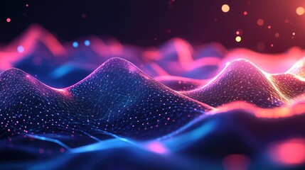Digital landscape with interconnected points forming a futuristic grid, representing complex data flows, technological innovation, and abstract sound waves