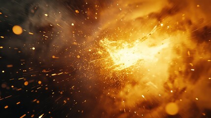Fiery orange sparks and glowing particles exploding outwards from a central burst, creating a dynamic abstract background representing power, impact, and force