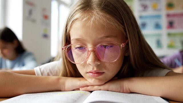 Bored Elementary School Girl with Pink Glasses Resting Head on Desk in Classroom