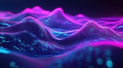 Abstract technology visualization creating a flowing wave surface with glowing neon pink and blue dots, representing data flow, sound frequency, and interconnected information