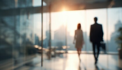 Blurred Businessman Strolling In Office Interior With Sunlight, Female At Reception, And New York Window View In Background.