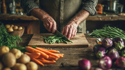 A senior Caucasian man with gray hair chops green beans on a wooden cutting board. Fresh vegetables like carrots, potatoes, and eggplants surround him.