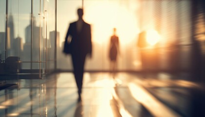 Blurred Businessman Walking In Office Interior With Sunlight, Woman At Reception, And New York Window View.