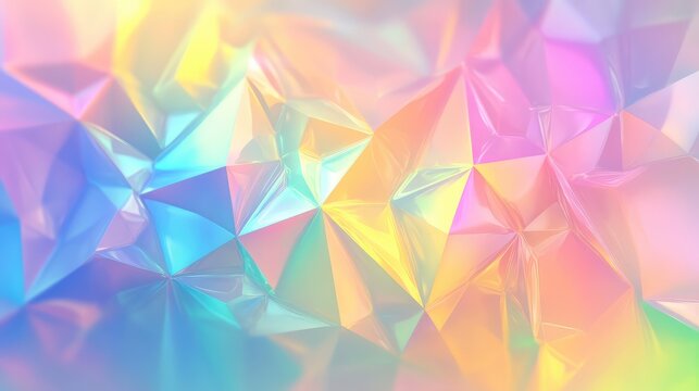Polygonal surface reflecting soft pastel light creating an intricate iridescent background with geometric facets and shifting holographic colors, perfect for graphic design or digital art