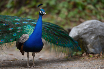 Fototapeta premium A stunning peacock is shown with its vibrant plumage fully displayed, showcasing mesmerizing colors and patterns that captivate and symbolize beauty and pride in nature.