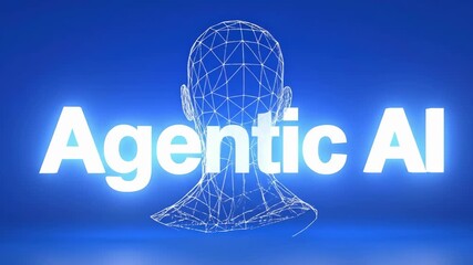 Agentic AI human head wireframe animation, rotating digital mesh structure with glowing text reveal, blue futuristic background concept - Powered by Adobe