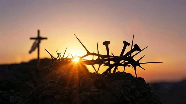 Silhouette of Crown of Thorns and Nails with Crucifix at Sunset