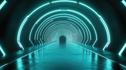 Futuristic tunnel presenting an endless journey through a glowing neon light pathway, creating a vibrant digital landscape and symbolizing progress, speed, and modern technology