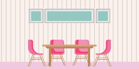 Flat Design Dining Room Interior with Pink Chairs