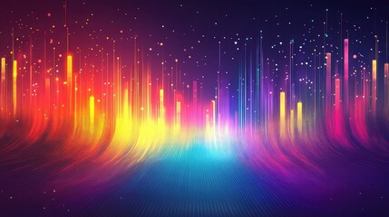 Abstract digital light stream flowing with colorful data visualization bars and sparkling particles, creating a dynamic background for technology and communication concepts