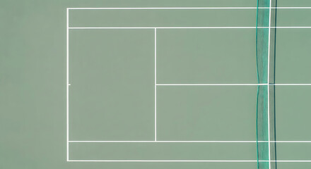 Bird's eye of tennis court, showcasing lines and net on vivid green surface with bright natural lighting