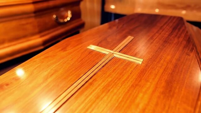 Polished Wooden Coffin with Golden Cross Symbolizing Christian Funeral Services