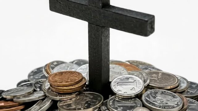 Black Christian Cross Standing in a Pile of Coins Symbolizing Tithing