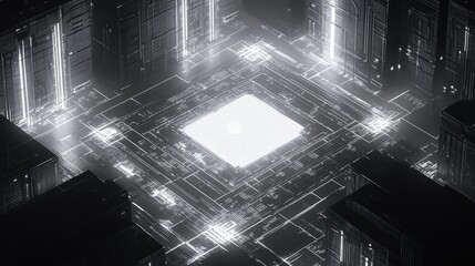 Central processing unit displaying glowing data processing activity within a complex. Futuristic digital environment. Symbolizing advanced technology. Artificial intelligence. And network connections
