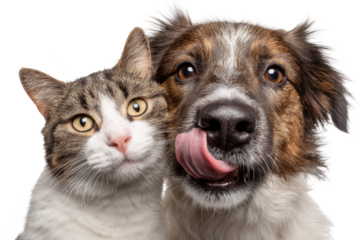 Funny dog and cat closeup portrait with playful tongue expression isolated on transparent background