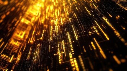 Golden glowing particles representing abstract data, information, or computer code moving across a dark digital circuit board network, illustrating connection and technological progress
