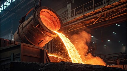 Molten Copper Pouring From Industrial Furnace