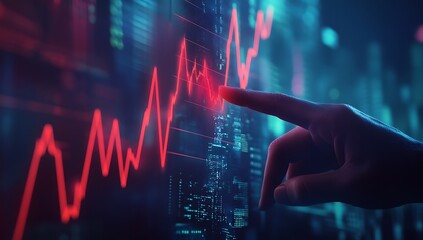 Stock Market Analysis: Hand Pointing to Fluctuating Red Line Graph on Illuminated Data Screen Analyzing Investment Trends and Financial Indicators
