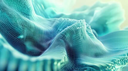 Abstract digital mesh creating undulating peaks and valleys, visualizing data flow, network connections, or complex systems with a futuristic and technological aesthetic