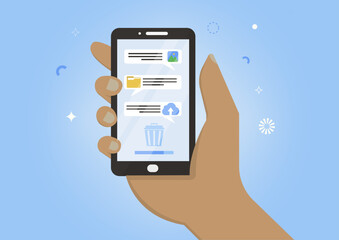 Flat digital cleanup concept with hand holding smartphone screen showing files and cloud items being deleted to trash ideal for storage and privacy visuals. Cleanup digital data. Vector illustration