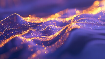 Abstract purple background showing a dynamic wavy surface with glowing golden particles representing digital information, data stream, technology, and energy flow in a modern concept