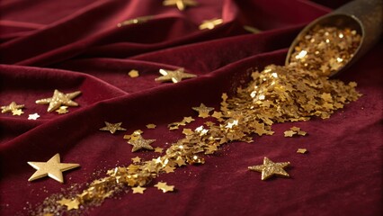 Gold Star Confetti Scattered on Rich Red Velvet Fabric