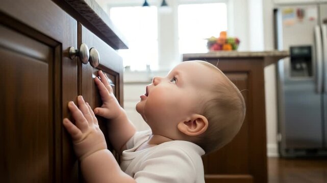 Curious baby exploring kitchen cabinet with wonder and excitement