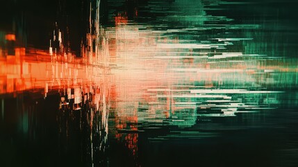 Futuristic abstract background presenting a vibrant digital data stream experiencing graphic glitch effects with horizontal and vertical lines in orange, green, and dark tones