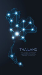 Naklejka premium Geometric low-poly vector depiction of Thailand, showing illuminated cities and population clusters as sparkling dots and space-inspired stars. digital communication network