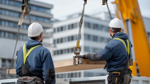 Construction units assembling modular building components on-site, cranes lowering prefabricated sections as workers secure fasteners &mdash; fast-build engineering, architectural innovation, and
