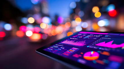 Business analytics dashboard on tablet screen data visualization metrics and performance indicators