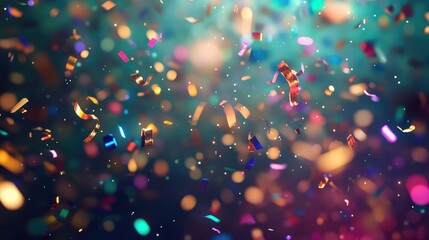 Bright bokeh lights illuminate shiny confetti pieces and shimmering glitter particles descending against a vibrant background, creating a festive atmosphere for parties and joyful occasions