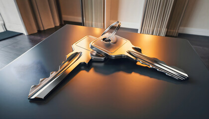 Pair of shiny silver house keys rests upon a dark reflective surface bathed in warm golden light symbolizing new ownership and opportunity