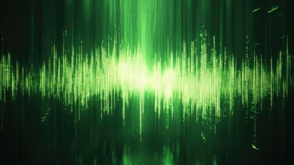 Green sound equalizer showing audio waves moving vertically, creating a dynamic visual representation of music, technology, and data processing on a dark background