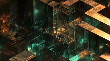 Abstract geometric blocks and transparent layers create a glowing, complex structure, symbolizing interconnected data, advanced technology, programming, and futuristic digital systems