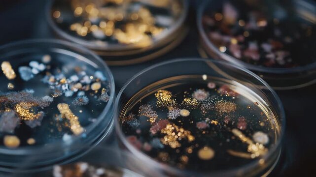 A close-up artistic macro shot of microbiome cultures growing in petri dishes, vibrant textures and natural formations emphasizing microbial complexity &mdash; scientific art photography, bacterial