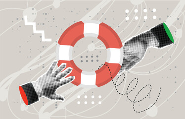 Trendy Halftone Collage hand of a man asks for help. Another person is stretching a lifeline and wants to help. Helping Business to survive.	
