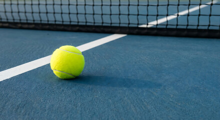 Close up of a yellow tennis ball on the blue court near white line and dark net