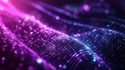 Abstract technology background showing glowing dots flowing across a wavy digital surface, creating a dynamic visual representation of data transfer and network connections