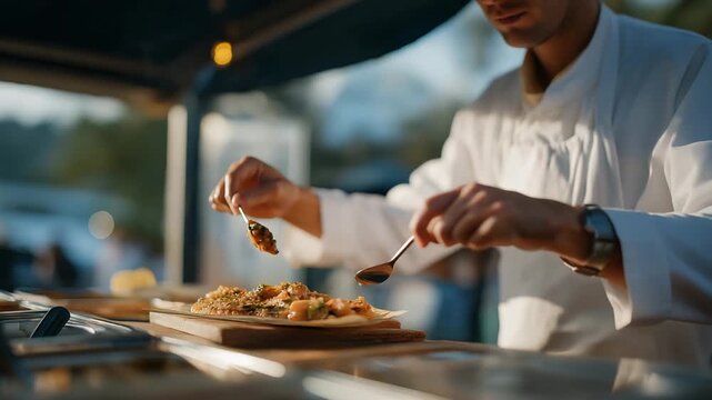 A food truck operator retrieving frozen gourmet ingredients from a compact outdoor freezer during a busy lunch rush &mdash; mobile kitchen efficiency, street-food workflow, and temperature-controlled