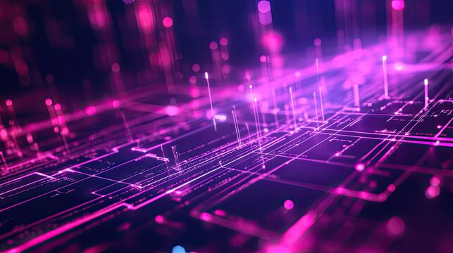 Abstract futuristic circuit board with glowing pink and purple light trails representing data transfer, connectivity, ai driven networks and high speed digital communication