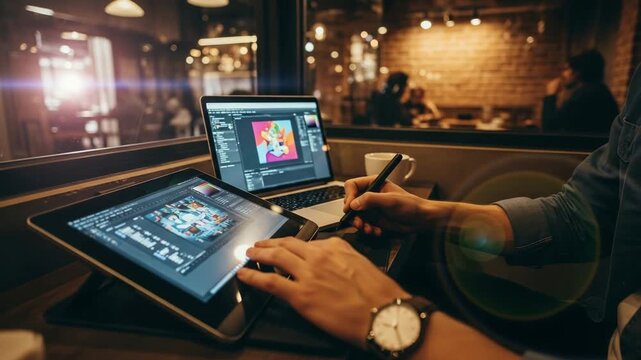Creative professional working on digital art with stylus and laptop