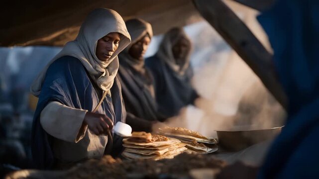 A humanitarian nutrition specialist preparing fortified meals in a mobile kitchen, steam rising as teams pack food for distribution &mdash; hunger relief, emergency feeding programs, and global food